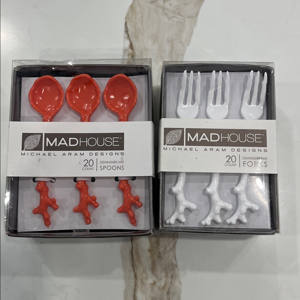 NIB Michael Aram Mad House Designs acrylic spoons and forks - 20 in each box.